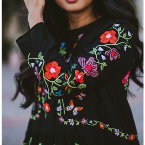 Zara Multicolor Boho Floral Embroidered Long Sleeve Babydoll Mini Dress Size Med - Picture 5 of 9